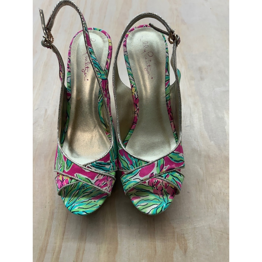 Lilly Pulitzer Womens Pink Green Floral Wedge Sandals Gold Metallic Platform 7.5